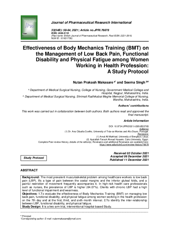 (PDF) Effectiveness of Body Mechanics Training (BMT) on the Management ...