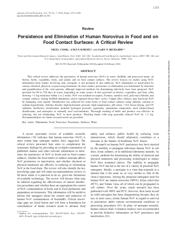 (PDF) Persistence and Elimination of Human Norovirus in Food and on ...
