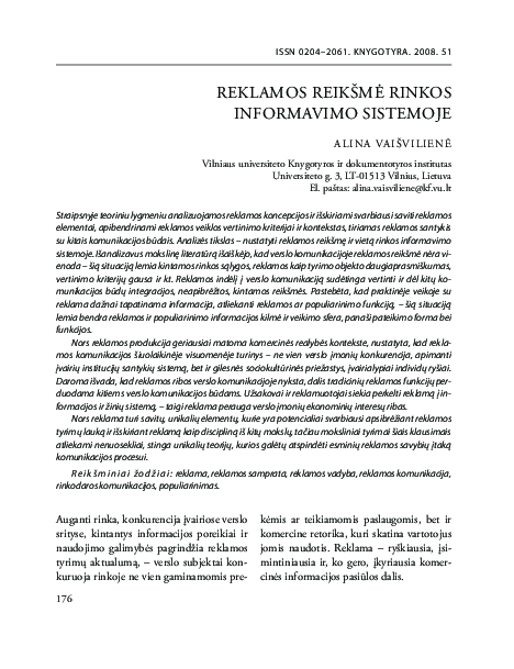 (PDF) Reklamos reikšmė rinkos informavimo sistemoje