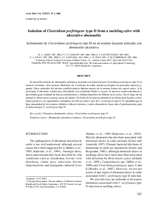 (PDF) Isolation of Clostridium perfringens type D from a suckling calve ...