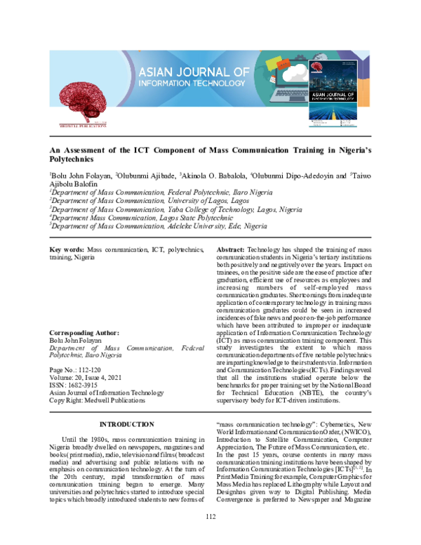 (PDF) An Assessment of the ICT Component of Mass Communication Training ...