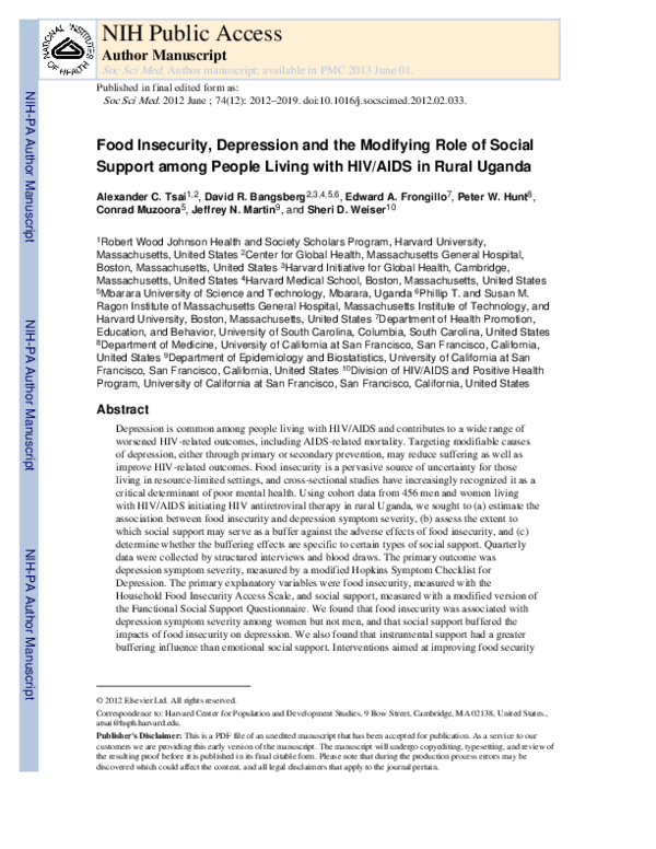 (PDF) Food insecurity, depression and the modifying role of social ...