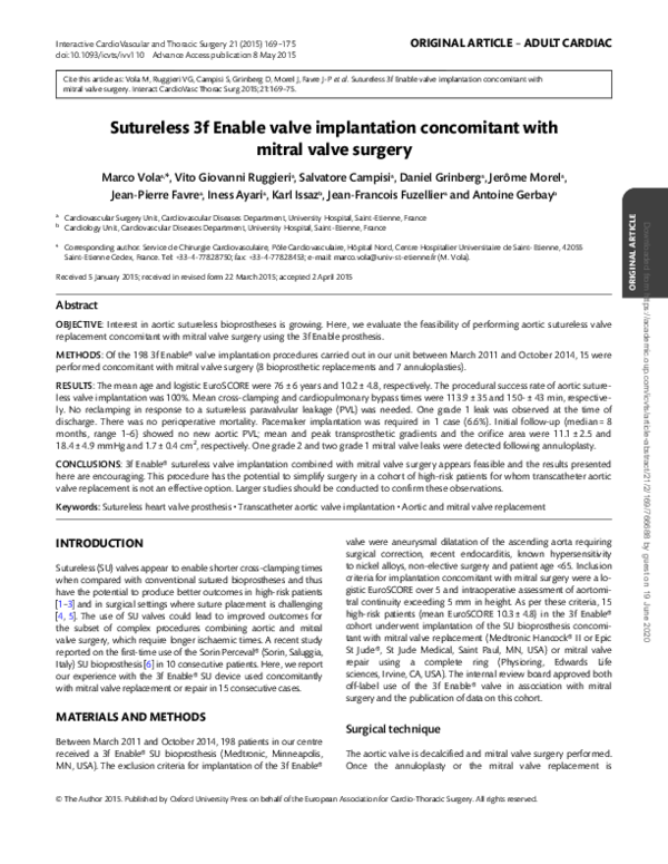 (PDF) Sutureless 3f Enable valve implantation concomitant with mitral ...
