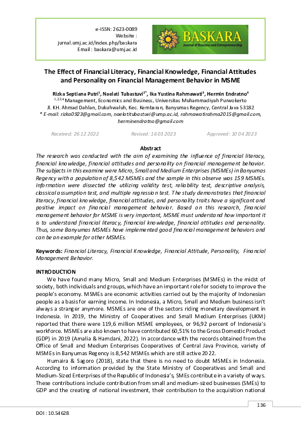 (PDF) The Effect of Financial Literacy, Financial Knowledge, Financial ...