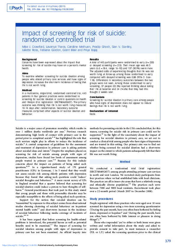 (PDF) Impact of screening for risk of suicide: randomised controlled trial