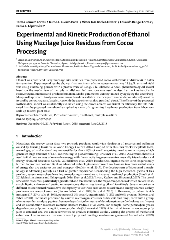 (PDF) Experimental and Kinetic Production of Ethanol Using Mucilage ...