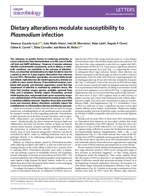 View of (PDF) Dietary alterations modulate susceptibility to Plasmodium infection