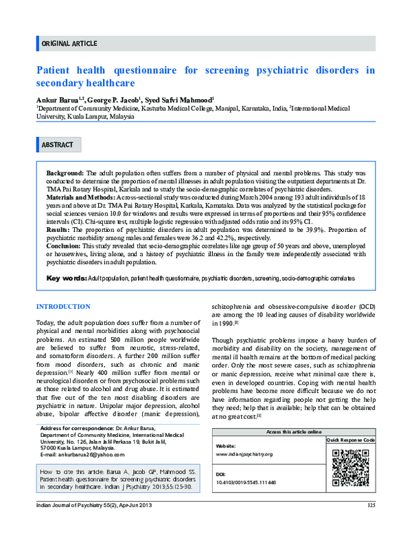 (PDF) Patient health questionnaire for screening psychiatric disorders ...