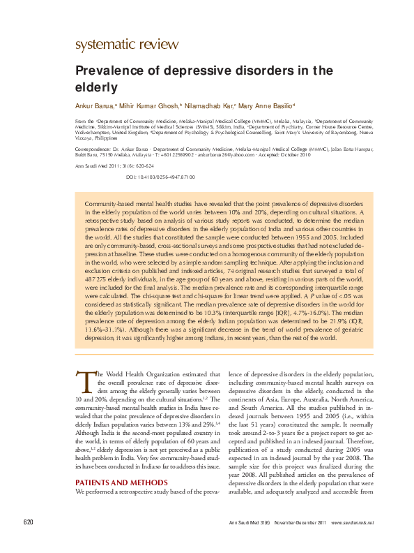 (PDF) Prevalence of depressive disorders in the elderly