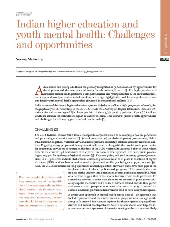 (PDF) Indian higher education and youth mental health: Challenges and ...