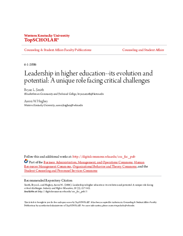 (PDF) Leadership in Higher Education — Its Evolution and Potential