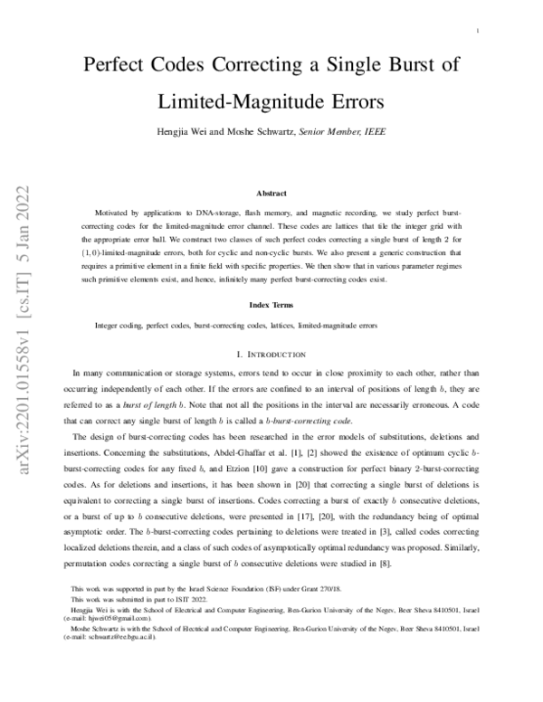 (PDF) Perfect Codes Correcting a Single Burst of Limited-Magnitude Errors