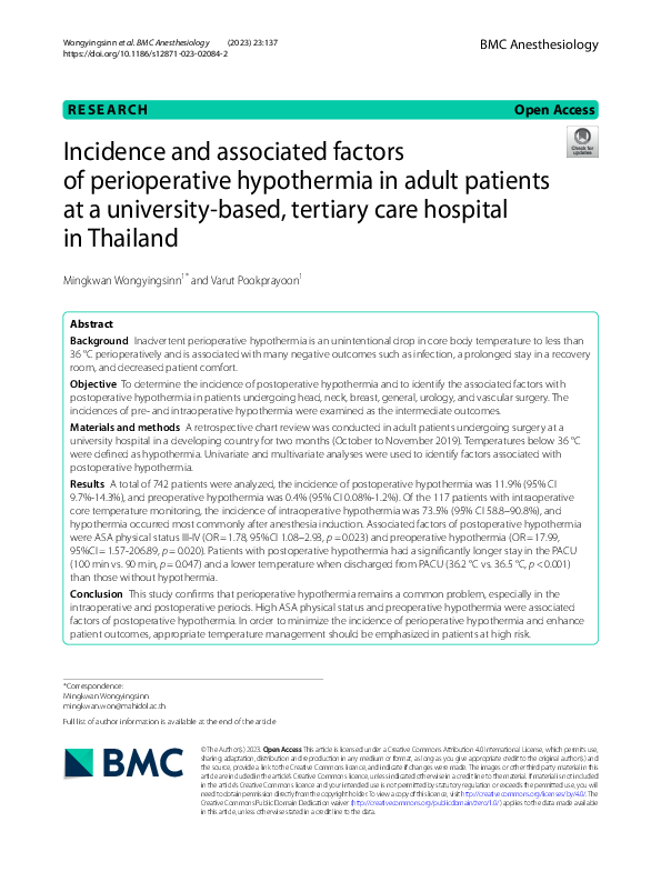 (PDF) Incidence and associated factors of perioperative hypothermia in ...