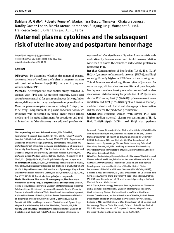 (PDF) Maternal plasma cytokines and the subsequent risk of uterine ...