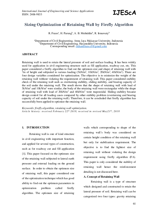 (PDF) Sizing Optimization of Retaining Wall by Firefly Algorithm