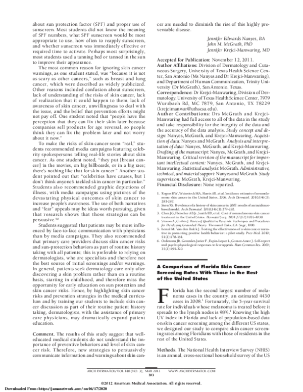 (PDF) A Comparison of Florida Skin Cancer Screening Rates With Those in ...