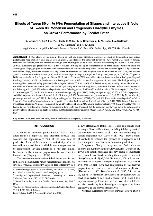 (PDF) Effects of Tween 80 on In Vitro Fermentation of Silages and ...