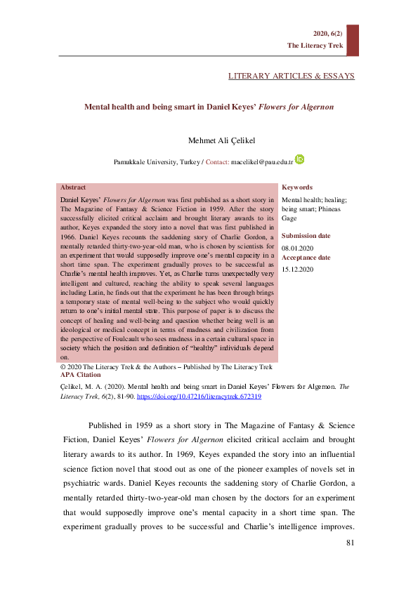 (PDF) Mental Health and Being Smart in Daniel Keyes’ Flowers for Algernon