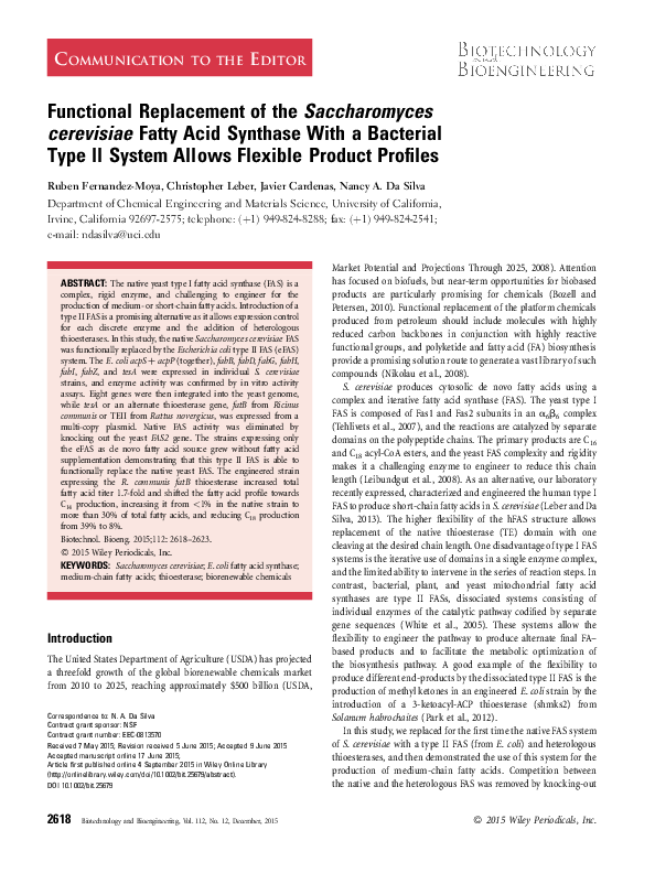 (PDF) Functional replacement of the Saccharomyces cerevisiae fatty acid ...