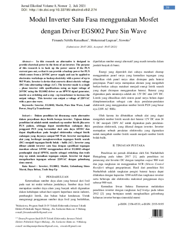 (PDF) Modul Inverter Satu Fasa menggunakan Mosfet dengan Driver EGS002
