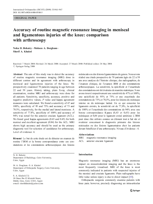 (PDF) Accuracy of routine magnetic resonance imaging in meniscal and ...