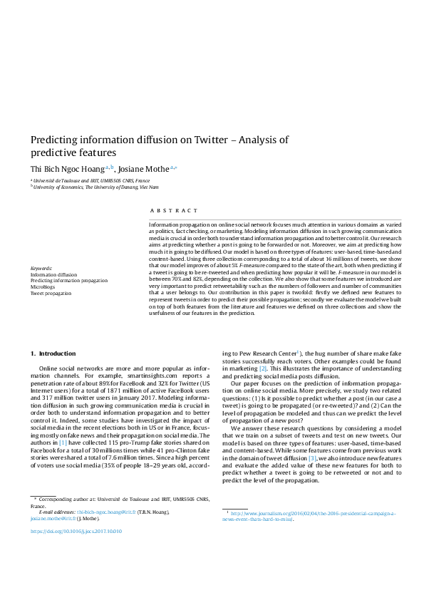 (PDF) Predicting information diffusion on Twitter – Analysis of ...