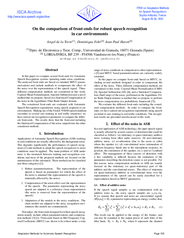 (PDF) On the Comparison of Front-Ends for Robust Speech Recognition in ...