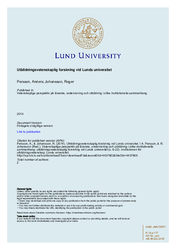 (PDF) Utbildningsvetenskaplig forskning vid Lunds universitet