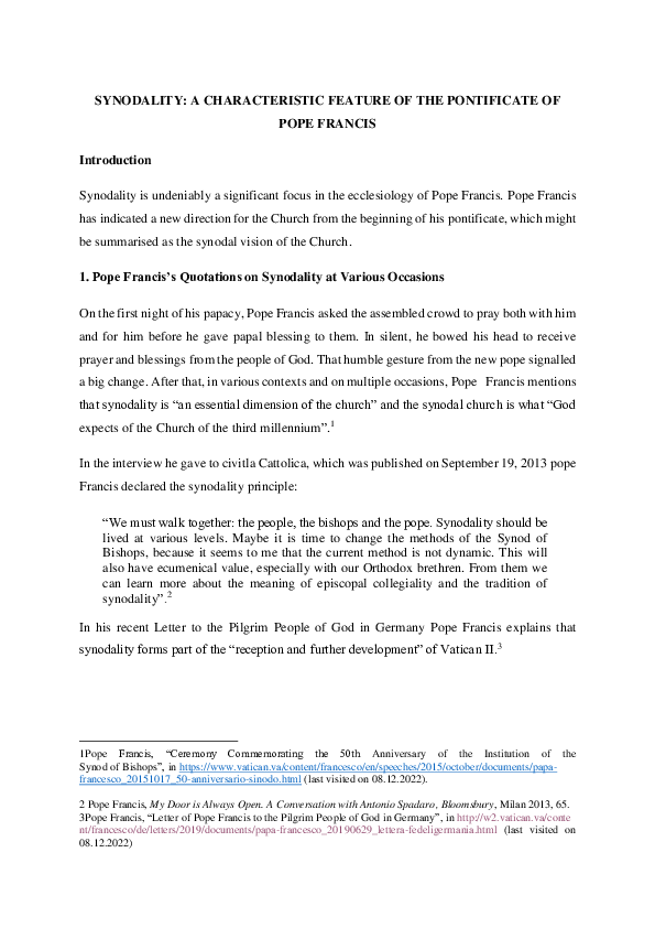 (PDF) SYNODALITY: A CHARACTERISTIC FEATURE OF THE PONTIFICATE OF
