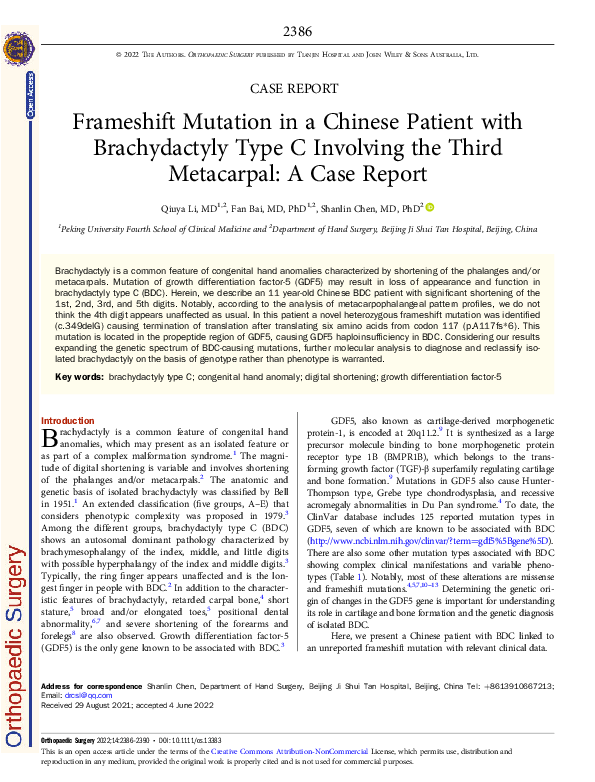 (PDF) Frameshift Mutation in a Chinese Patient with Brachydactyly Type ...