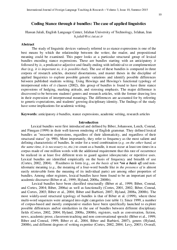(PDF) Coding Stance through it bundles: The case of applied linguistics