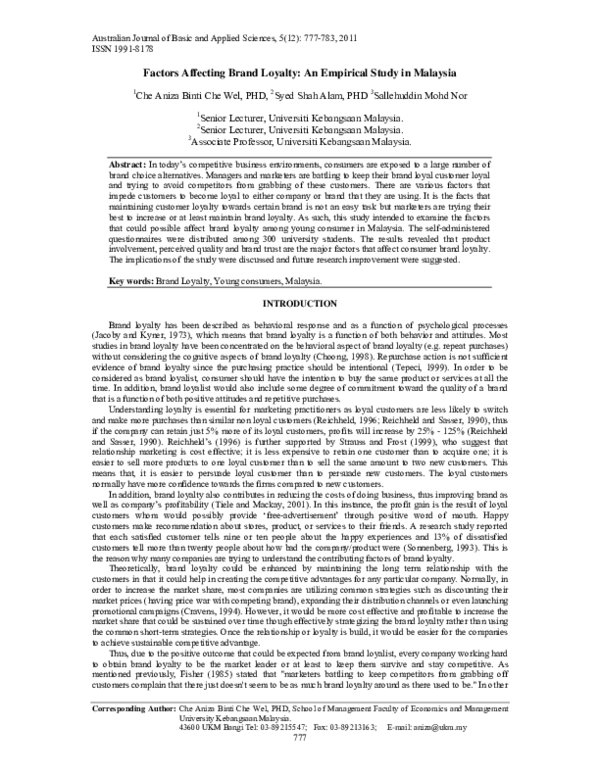 (PDF) Factors Affecting Brand Loyalty: An Empirical Study in Malaysia