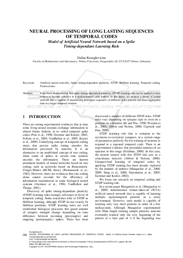 (PDF) NEURAL PROCESSING OF LONG LASTING SEQUENCES OF TEMPORAL CODES ...