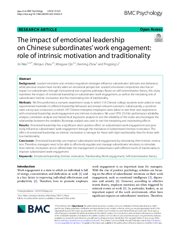 (PDF) The impact of emotional leadership on Chinese subordinates’ work ...
