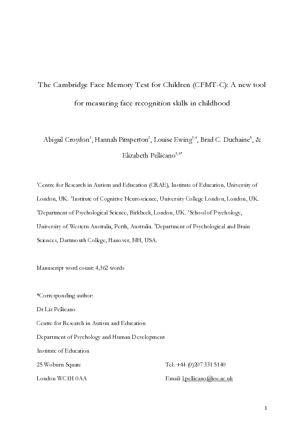 (PDF) The Cambridge Face Memory Test for Children (CFMTC) A new tool for measuring face