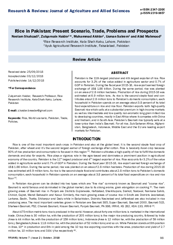 (PDF) Rice in Pakistan: Present Scenario, Trade, Problems and Prospects