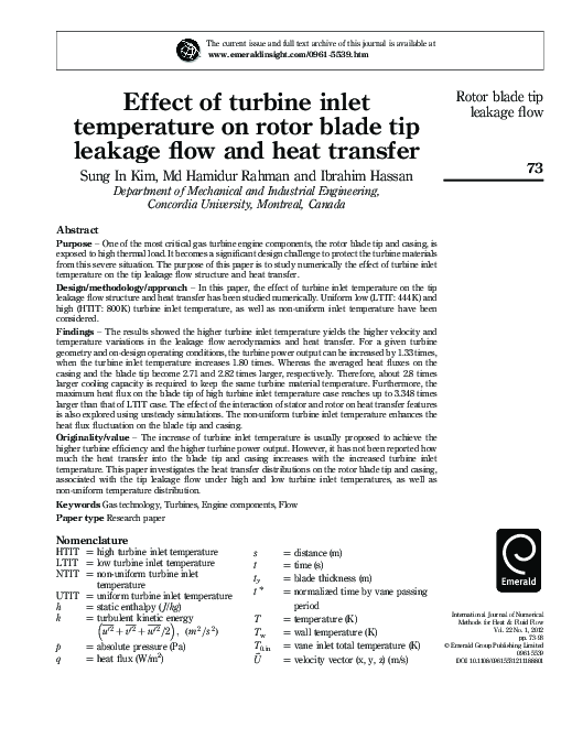 (PDF) Effect of turbine inlet temperature on rotor blade tip leakage ...