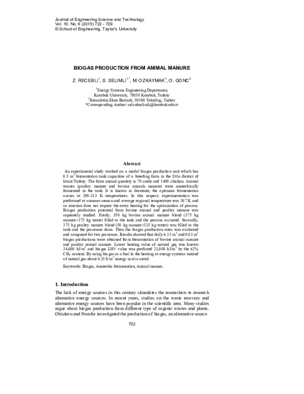 (PDF) Biogas Production from Animal Manure