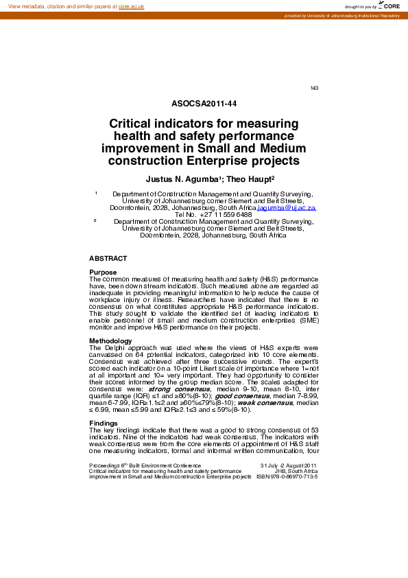 (PDF) Critical indicators for measuring health and safety performance ...