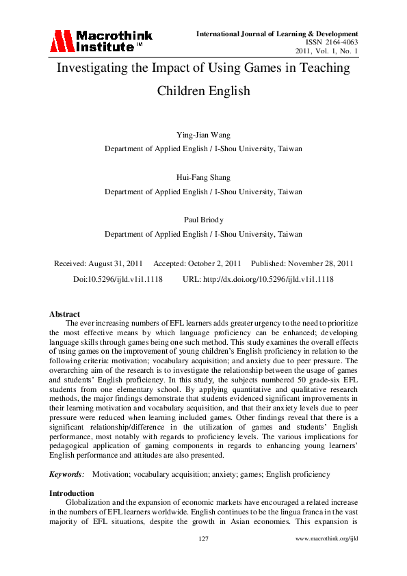 (PDF) Investigating the Impact of Using Games in Teaching Children English