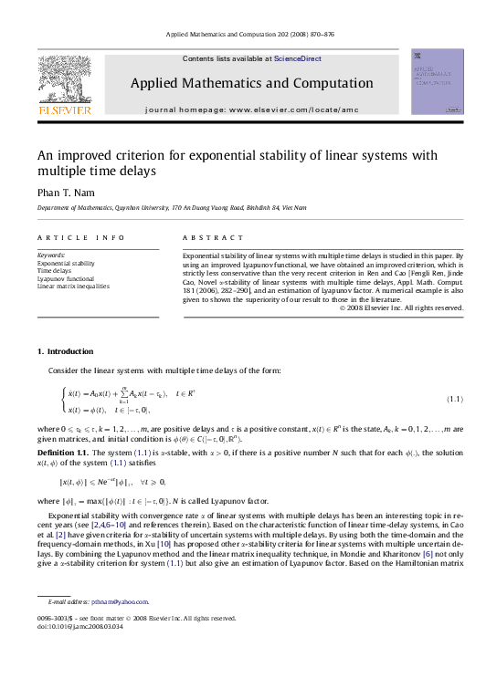 (PDF) An improved criterion for exponential stability of linear systems ...