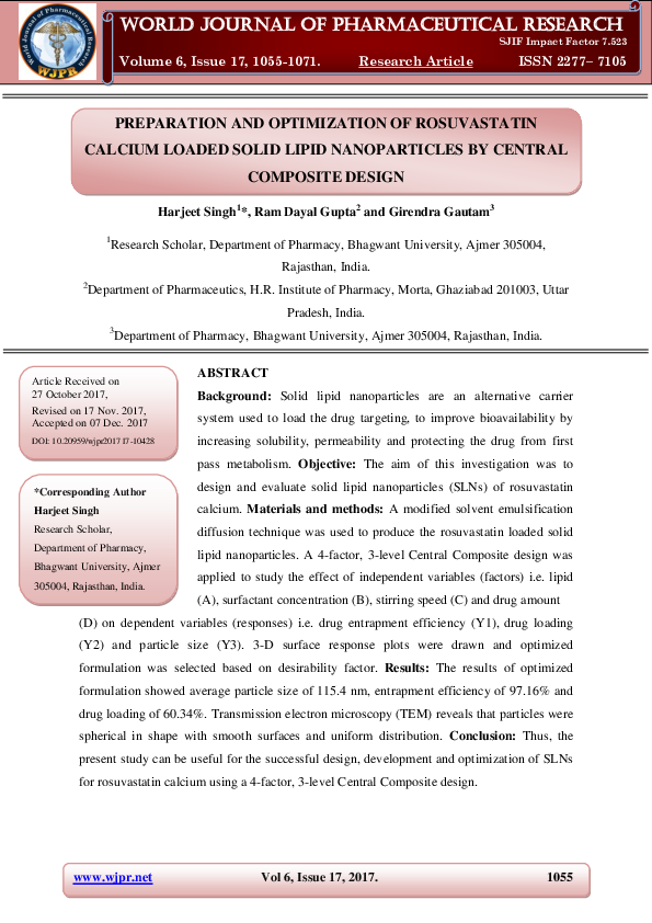 (PDF) PREPARATION AND OPTIMIZATION OF ROSUVASTATIN CALCIUM LOADED SOLID ...