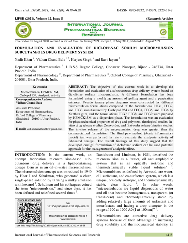 (PDF) FORMULATION AND EVALUATION OF DICLOFENAC SODIUM MICROEMULSION ...