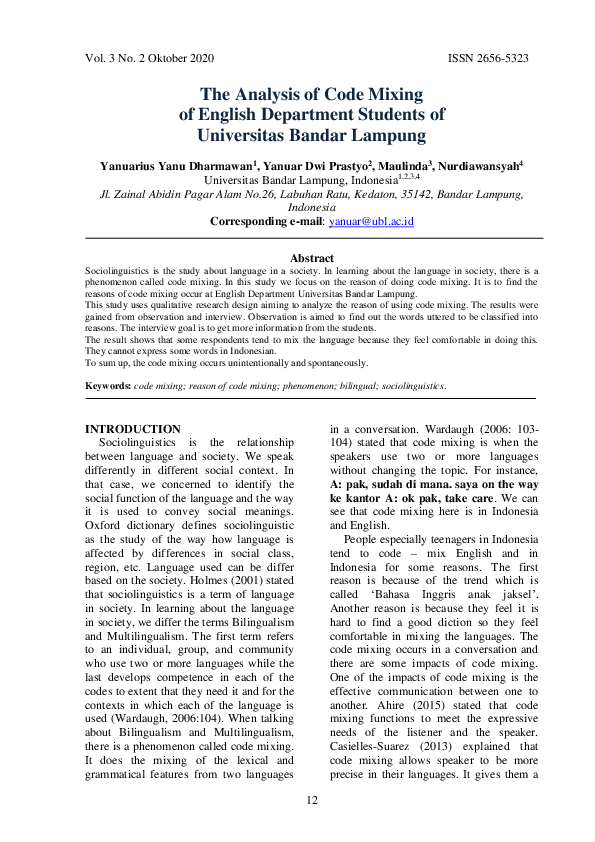 (PDF) The Analysis of Code Mixing of English Department Students of ...