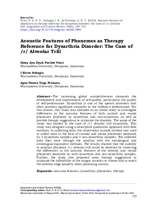 (PDF) Acoustic features of phonemes as therapy reference for dysarthria disorder the case of /r