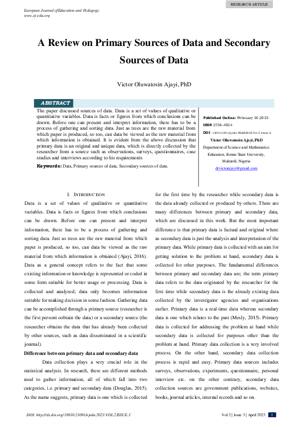 (PDF) A Review on Primary Sources of Data and Secondary Sources of Data