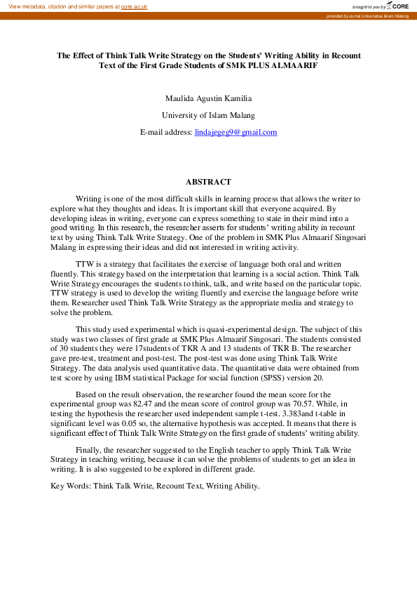 (PDF) The Effect of Think Talk Write Strategy on the Students’ Writing ...