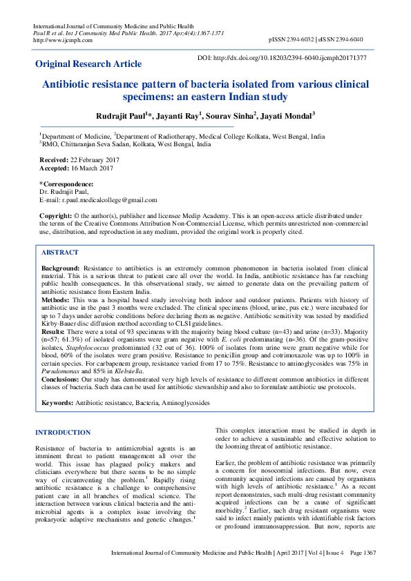 (PDF) Antibiotic resistance pattern of bacteria isolated from various ...