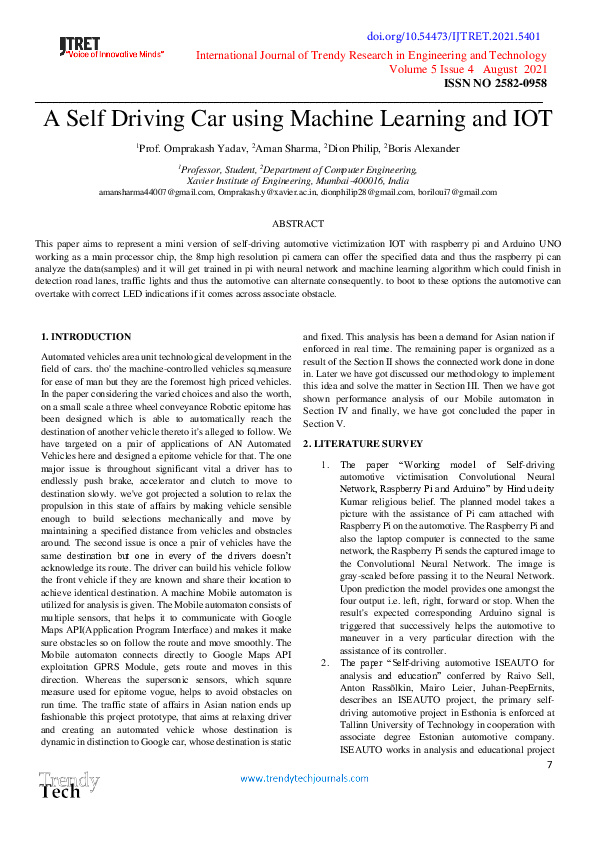 (PDF) A Self Driving Car using Machine Learning and IOT Aman Sharma