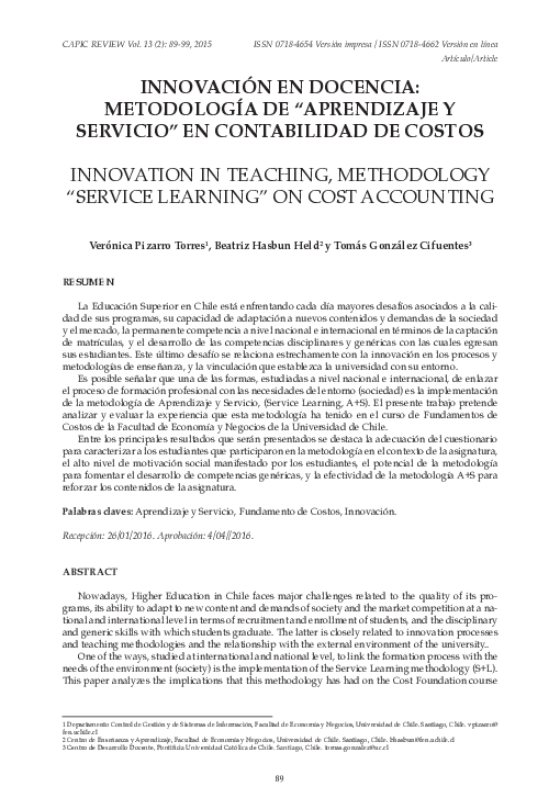 Innovación en docencia: metodología de “aprendizaje y servicio” en contabilidad de costos